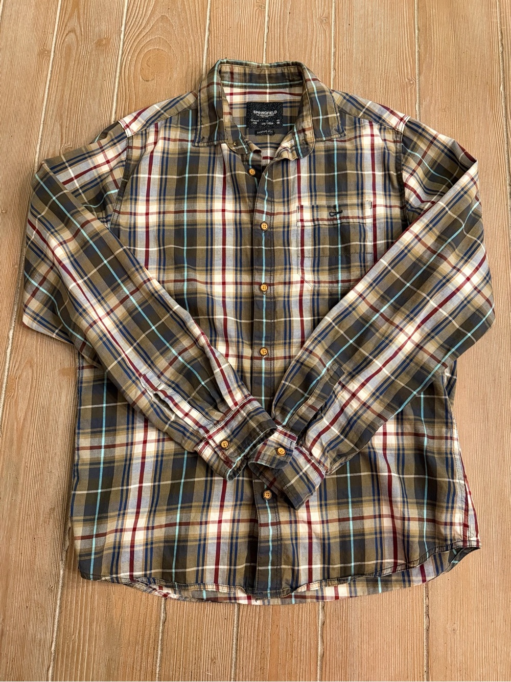 Men's Olive, Cream & Blue Plaid Casual Button-Down Shirt